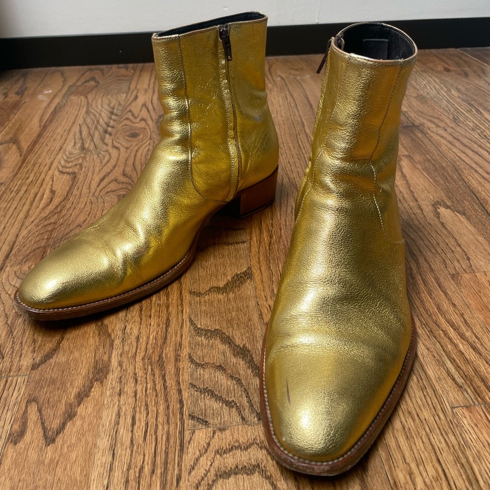 Gold Metallic Leather Wyatt Chelsea Boots by Saint Laurent Paris size 11/44